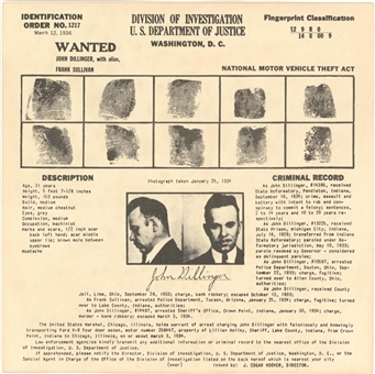 1934 John Dillinger US Department Of Justice Wanted Poster